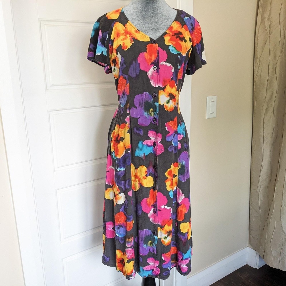 Vintage 90s Jams World Midi Dress M Crinkled Rayon Floral Hawaii Button Front
